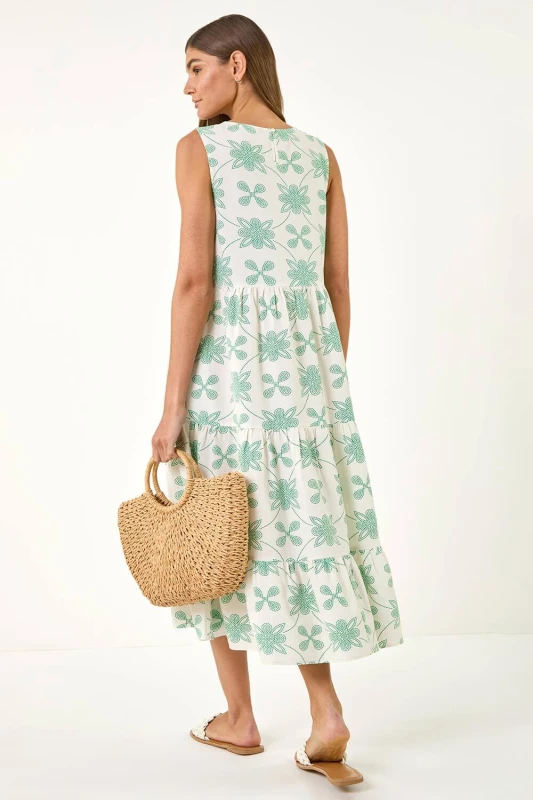 Image of Roman Womens Floral Motif Tiered Midi Dress in Ivory Size: 10 Ivory Female 10