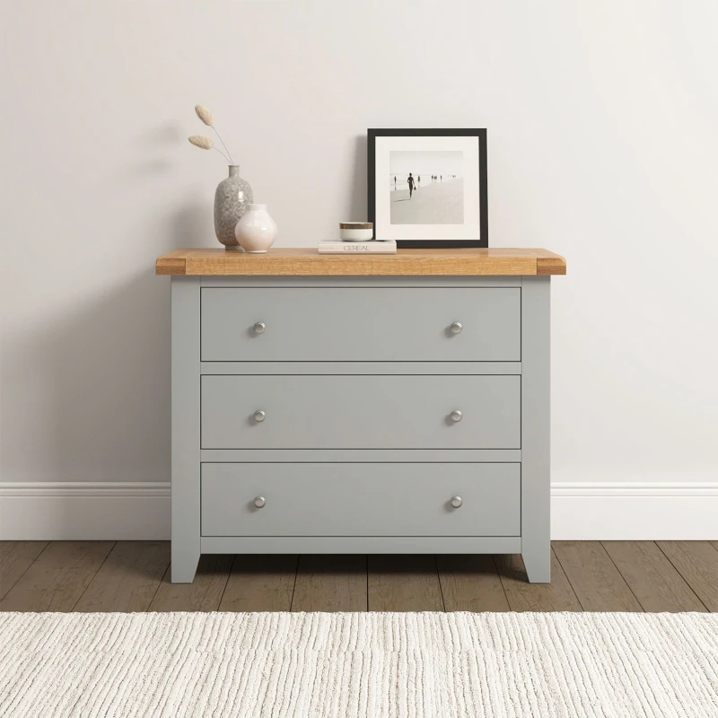 Image of Seconique Windsor 3 Drawer Chest Pebble Grey With Solid Oak Top Fully Assembled