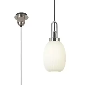 image of Yorktown Ceiling Pendant E27 With 20cm Almond Ribbed Glass, Opal Polished Nickel, Matt Black