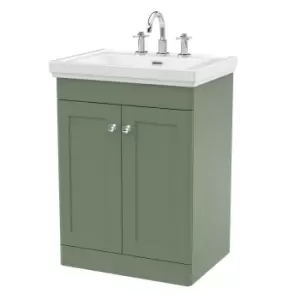 image of Nuie Classique 600mm Floor Standing 2-door Unit & Basin 3 Tap Holes - Satin Green