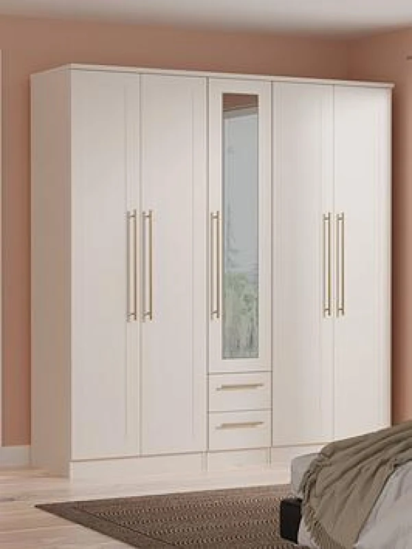 Image of Welcome Furniture Ltd Haworth Tall 5 Door 2 Drawer Mirror Wardrobe in White Ash - Ready Assembled, White HAW191WAWA