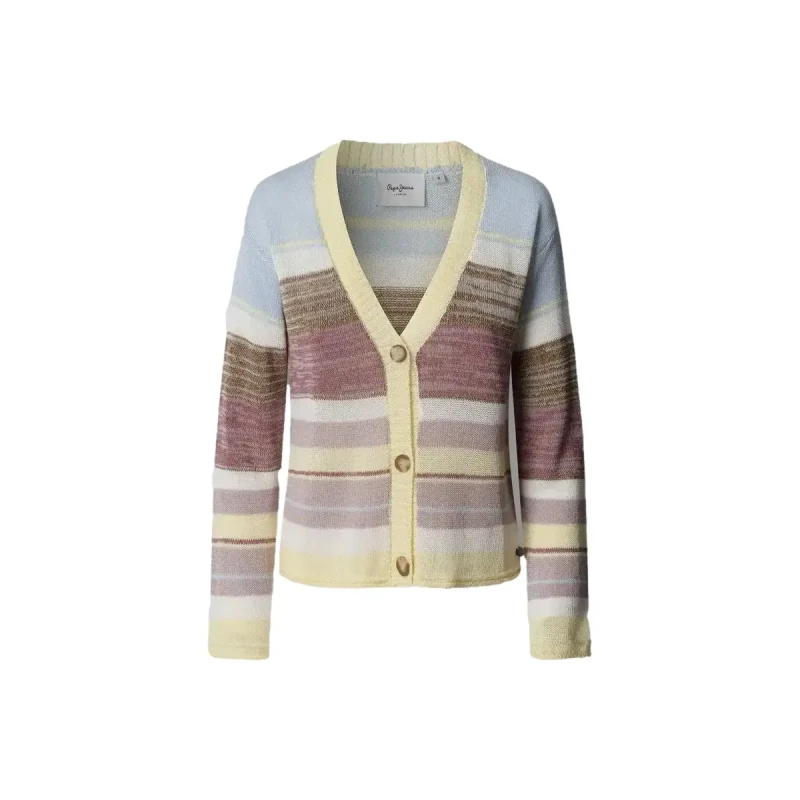 Image of Pepe Jeans Striped V-Neck Cardigan Multi-Coloured Viscose L
