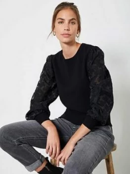 image of Mint Velvet Burnt Out Woven Puff Sleeve Jumper - Black