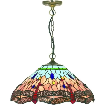 Image of Searchlight Lighting - Searchlight Dragonfly - 1 Light Ceiling Pendant Antique Brass, Blue, Dragonfly Tiffany Glass, E14