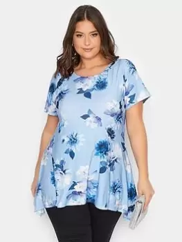 Image of Yours Floral Tab Back Hank Hem Top - Blue Size 20, Women