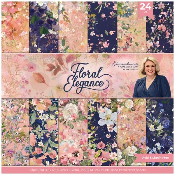 Image of Sara Davies Signature Collection 6x6in Pearl Printed Paper Pad Floral Elegance 200gsm 24 Sheets