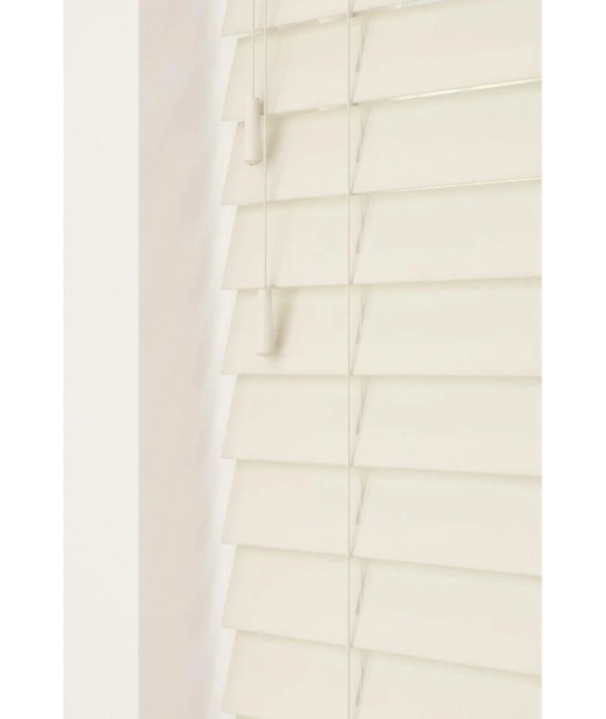 Image of New Edge Blinds Misty White 50mm Fine Grain Slatted Faux Wood Venetian Blinds with Strings 120cm Drop in Off-White Size: 70cm width x 130cm drop O