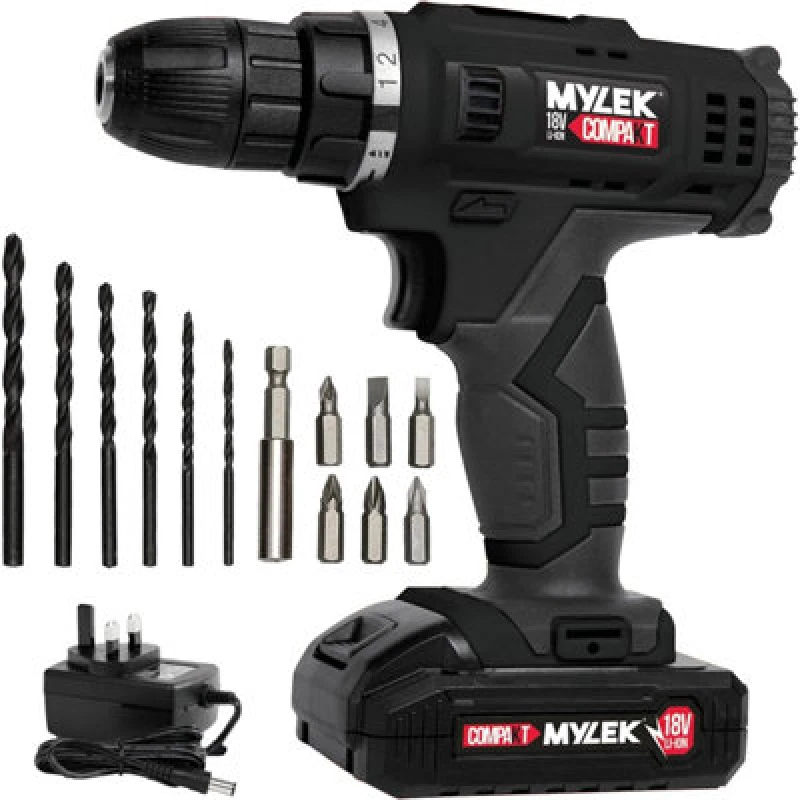 Image of Mylek 18V Cordless Li-Ion Drill And 13 Piece Accessory Set