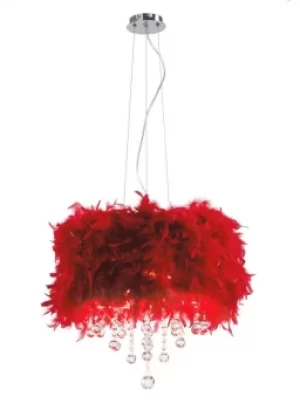 Image of Ibis Ceiling Pendant with Red Feather Shade 3 Light Polished Chrome, Crystal