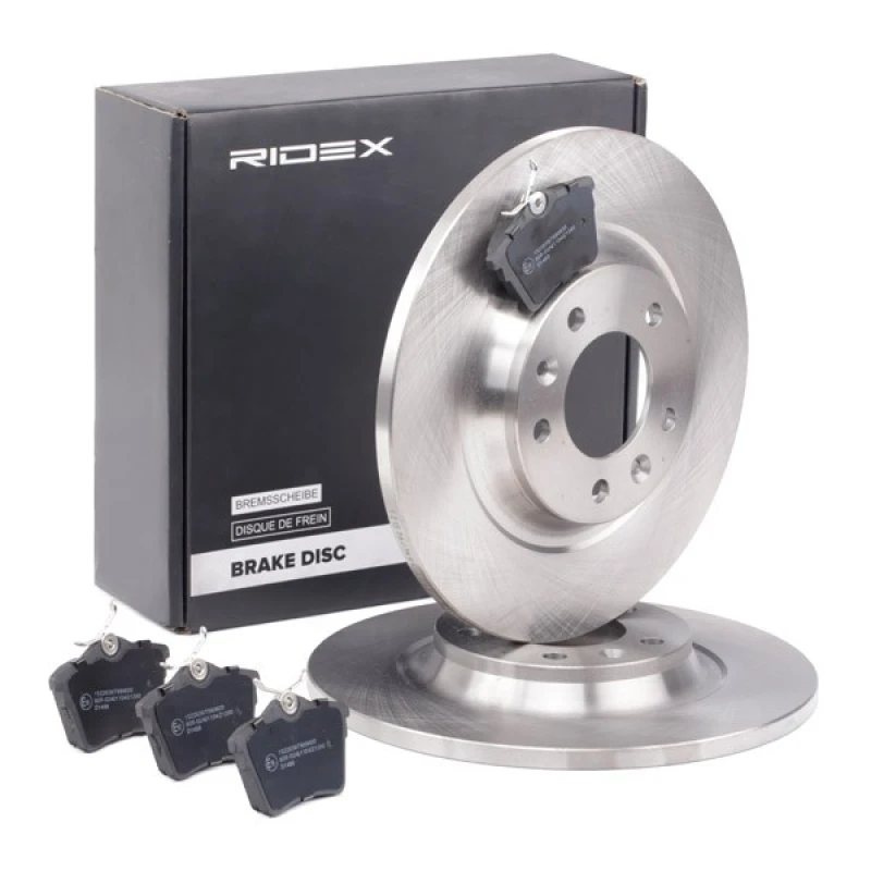 Image of RIDEX 3405B0951 Brake disc and pads set Rear Axle, Brake Disc Type: Solid, excl. wear warning contact, with anti-squeak plate Brake Set,disc brakes (