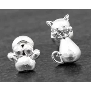 Image of Cat & Paw Print Odd Silver Plated Earrings