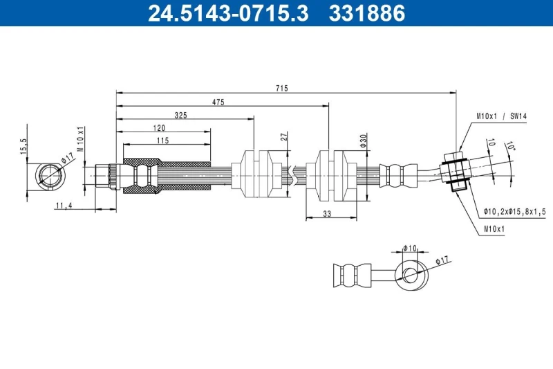 Image of ATE 24.5143-0715.3 Brake Hose with banjo bolt Brake Hose (83)
