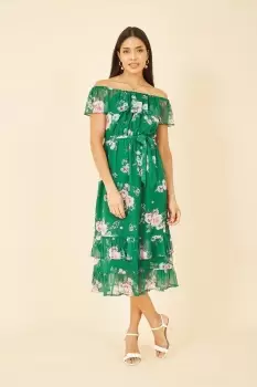 Image of Green Floral Bardot Midi Dress With Frill Hem