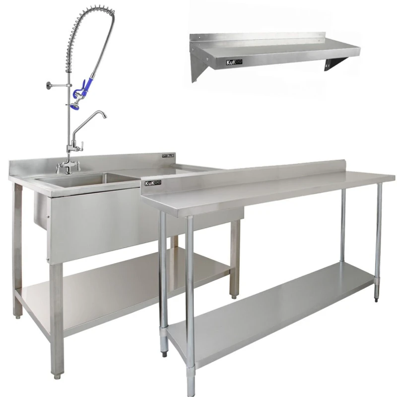 Image of MonsterShop Commercial Sink & Pre-Rinse Tap - Right Hand Drainer, 6ft Stainless Steel Catering Bench, 2 X Wall Mounted Shelves