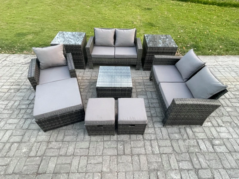 Image of Fimous 8 Seater Outdoor Rattan Garden Furniture Set Conservatory Patio Sofa Coffee Table Set with Chair 2 Side Tables 3 Footstools in Dark Grey Dark G