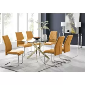 Image of Furniturebox Leonardo 150cm Modern Glass And Gold Metal Dining Leg Table And 6 Mustard Yellow Lorenzo Faux Leather Silver Chrome Leg Dining Chairs
