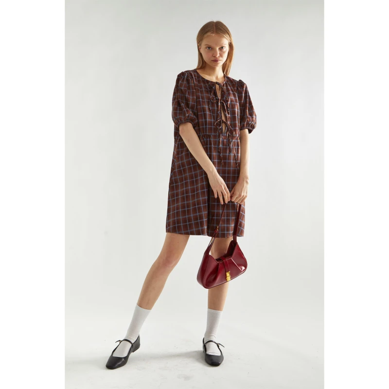 Image of Glamorous Brown-Blue Check Tie-Front Mini-Dress Brown female 8 (XS)