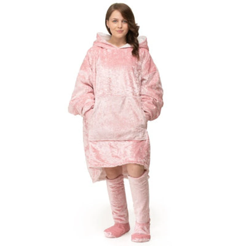 Image of Velosso Crushed Velvet Oversized Hoodie Blanket One Size Fits All in Pink Pink Unisex One Size