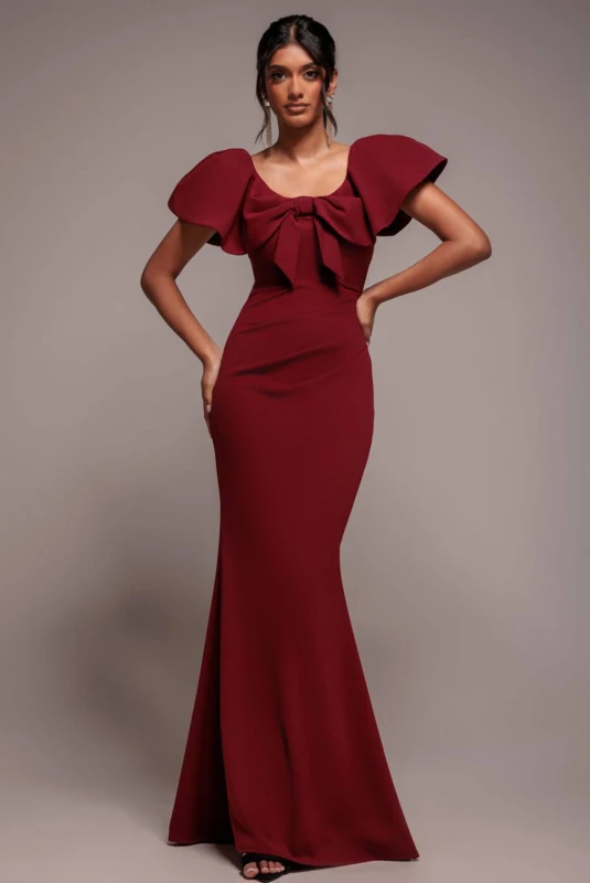Image of Goddiva Womens Cape Sleeve Detail Front Tie Maxi Dress in Wine Size: 10 Wine Female 10