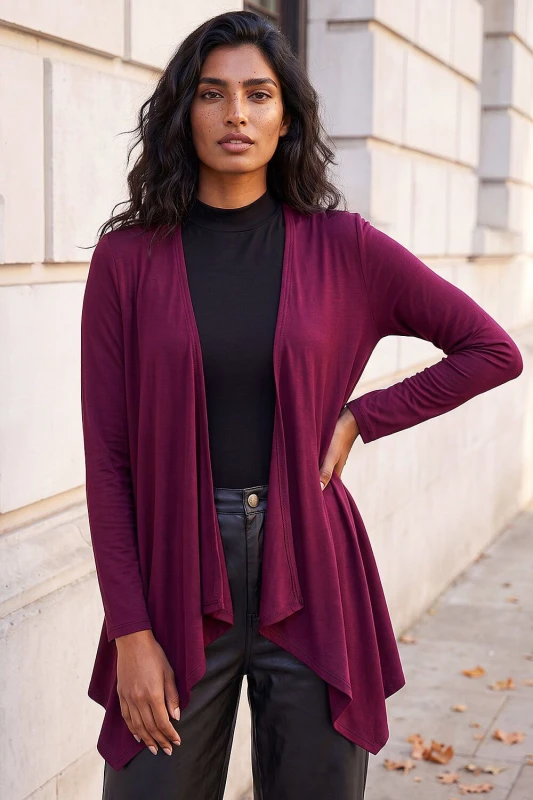 Image of Roman Womens Waterfall Stretch Cardigan in Burgundy Size: 10 Burgundy Female 10