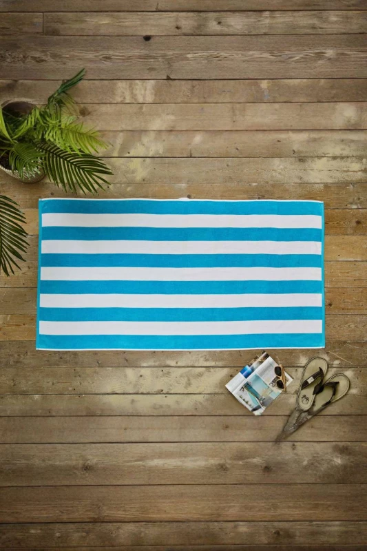 Image of Deyongs Cabana Bay 100% Cotton Yarn Dyed Stripe Beach Towel 80x165 in Turquoise Turquoise Unisex