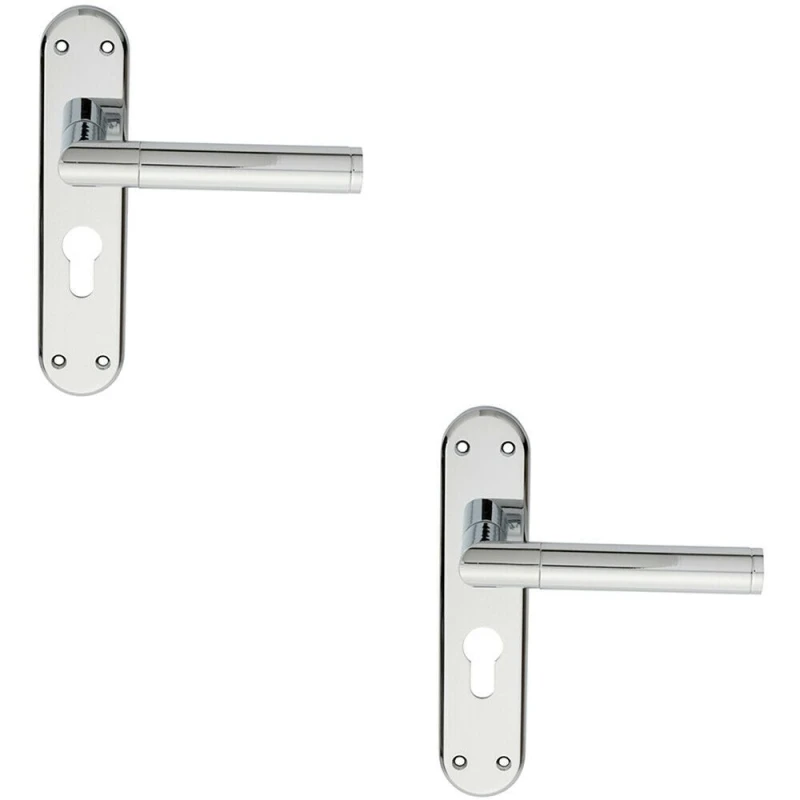 Image of Loops 2x Round Bar Lever on Euro Lock Backplate Door Handle 180 x 40mm Polished Chrome Multi