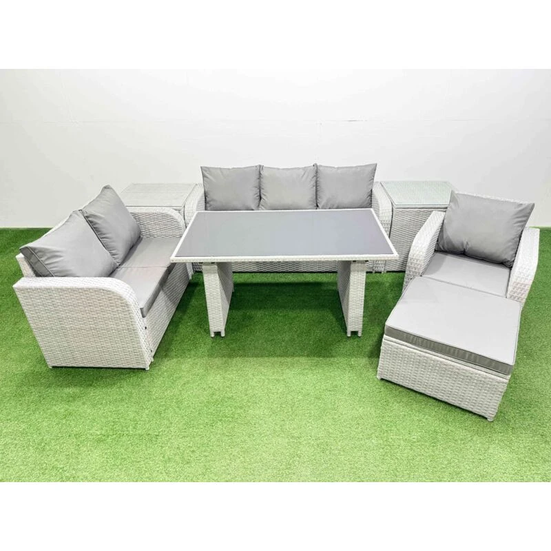 Image of Fimous Rattan Outdoor Sofa Set with 2 Side Tables Stool Light Grey 7 Seater Light Grey Unisex