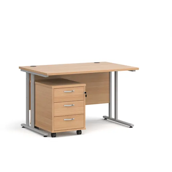 image of Maestro 25 Straight Desk Silver Frame, Beech Table Top and 3 Drawer Pedestal - 1200mm