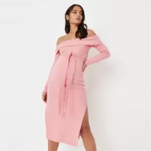 Missguided Maternity Ls Bardot Rib Belt Midi Dress - Pink