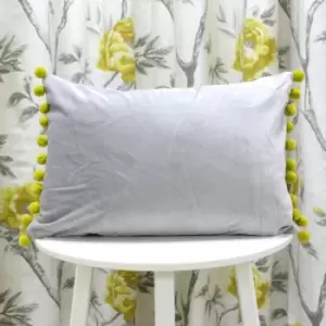 Image of Riva Paoletti Fiesta Velvet Pom Pom Fringe Cushion Cover, Dove/Bamboo, 35 x 50 Cm