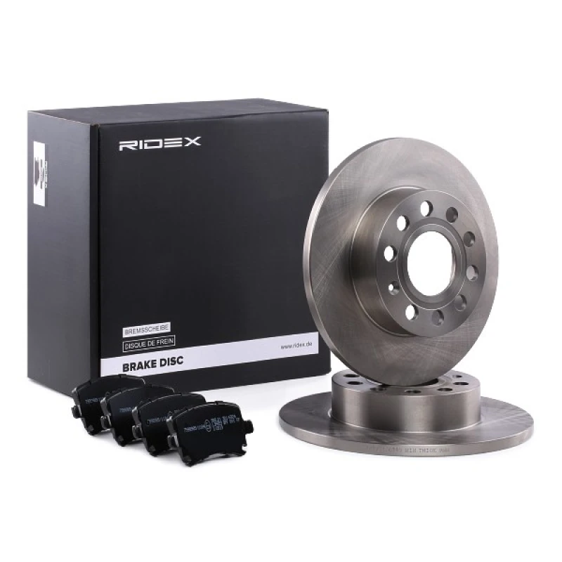 Image of RIDEX 3405B0061 Brake disc and pads set Rear Axle, Brake Disc Type: Solid, prepared for wear warning indicator Brake Set,disc brakes (3405)