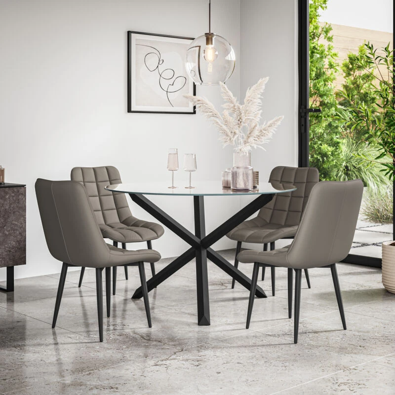 Image of More4Homes Malvern Round Dining Table & Chairs - Clear Glass Table Top w Solid Oak Black Legs + Nova Faux Leather Dining Chair Set Of 4 in Grey Grey U