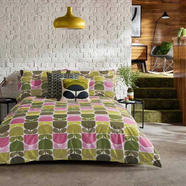 Image of Orla Kiely Multi Block Stem Duvet Set, King, Green & Pink