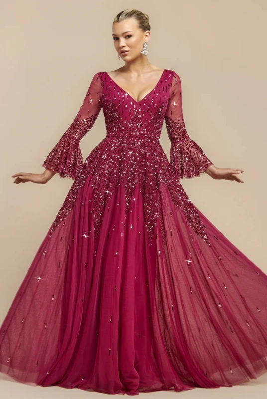 Image of Goddiva Womens Sunray Sequin A Line Bell Sleeve Maxi Dress in Wine Size: 10 Wine Female 10
