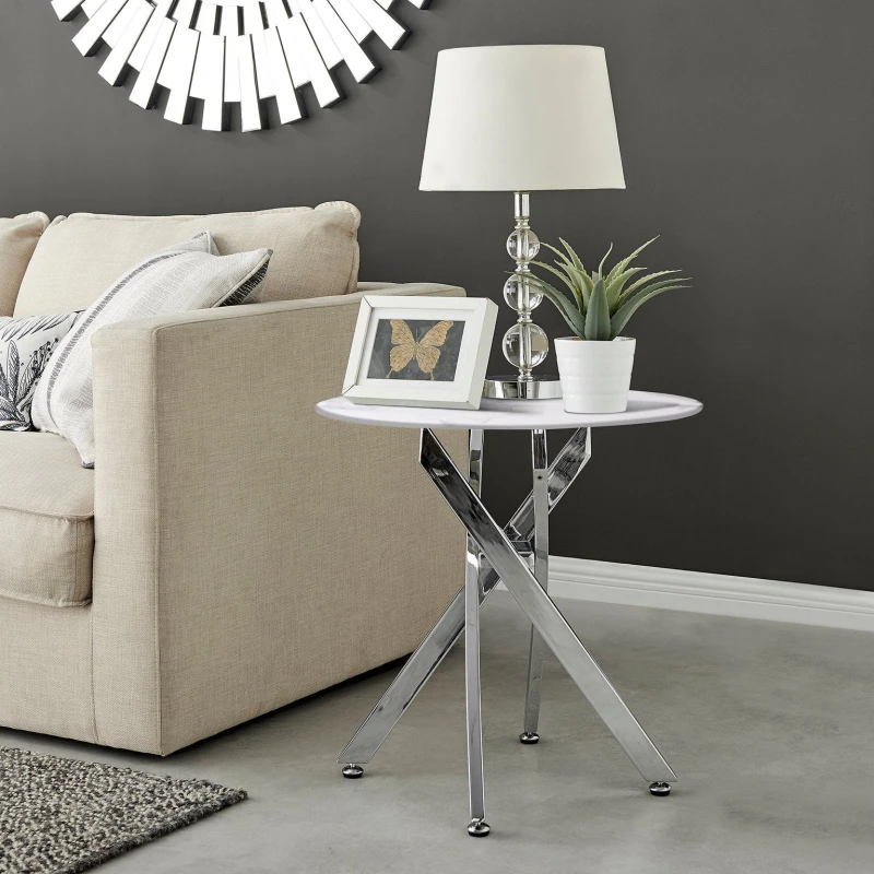 Image of FurnitureboxUK FurnitureboxUK Novara Round Marble Effect Glass Top Side Table With Silver Metal Starburst Legs in White White One Size Unisex 50565426