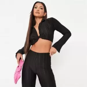 image of Missguided Plisse Knot Front Cropped Shirt - Black