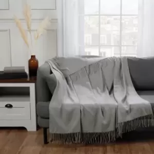 Image of Highams Plain Soft Tassel Trim Knit Fleece Throw Blanket Silver 150 X 200Cm