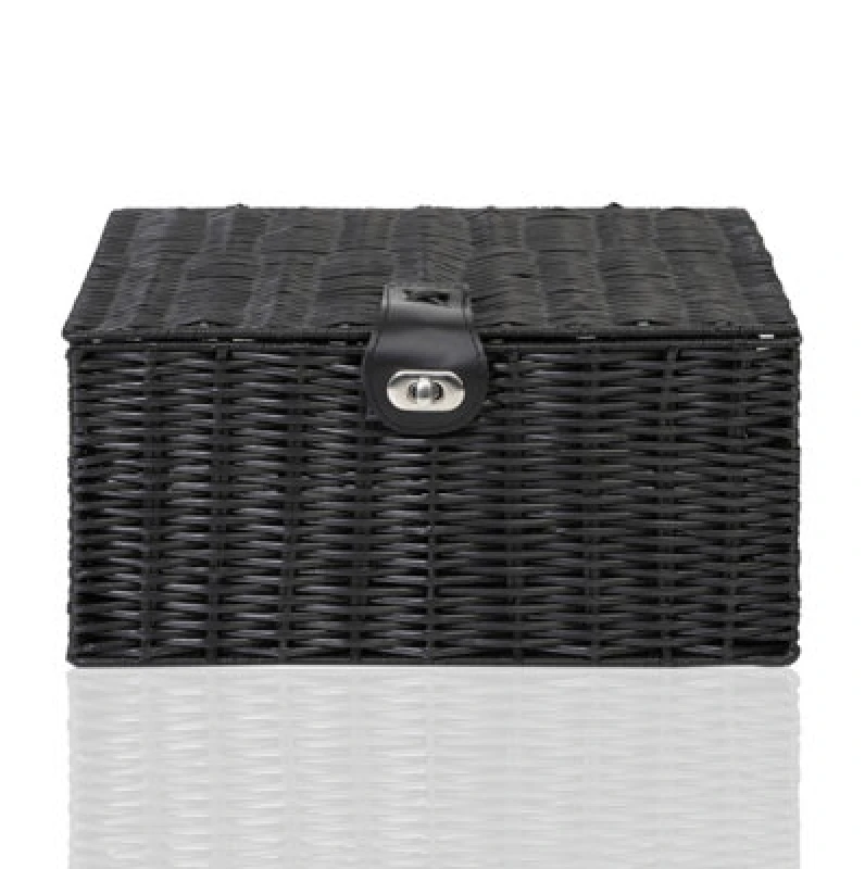 Image of Arpan Medium Resin Woven Storage Basket Box With Lid & Lock - Black