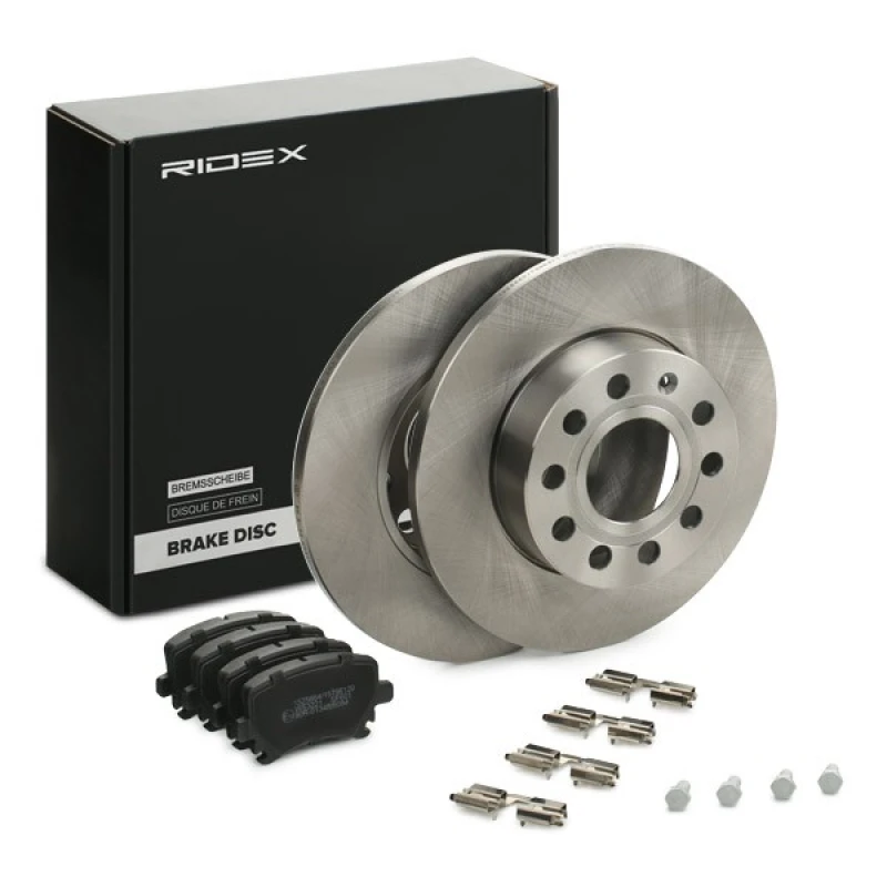 Image of RIDEX 3405B0467 Brake disc and pads set with accessories, Rear Axle, Brake Disc Type: Solid, excl. wear warning contact, with brake caliper screws Low