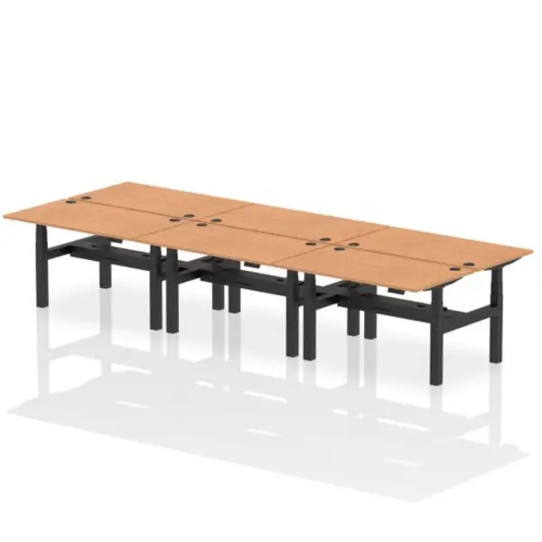 Image of Air Air Back-to-Back 1400 x 800mm Height Adjustable 6 Person Bench Desk Oak Top with Cable Ports Black Frame HASCP6P14800OAKB
