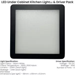 image of 6x MATT BLACK Ultra-Slim Square Under Cabinet Kitchen Light & Driver Kit - Warm White Diffused LED