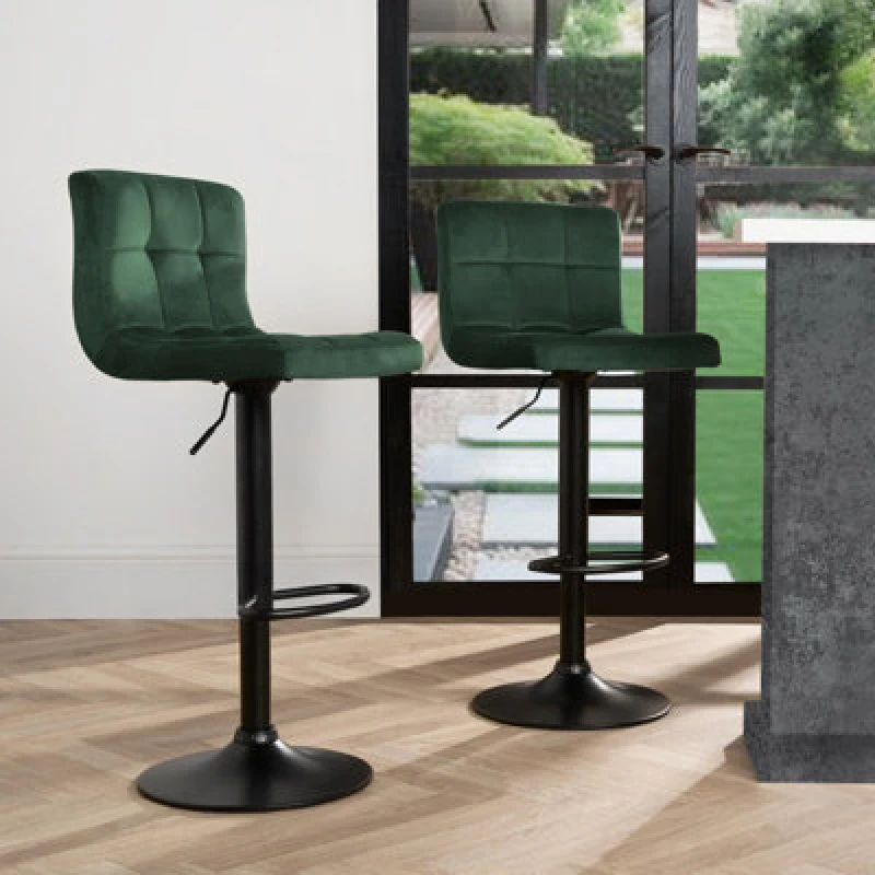 Image of OHS OHS Adjustable Bar Stools x 2 Velvet Swivel Pub Seat Kitchen Breakfast Counter Chair in Dark Green Dark Green One Size Unisex 5027434198580