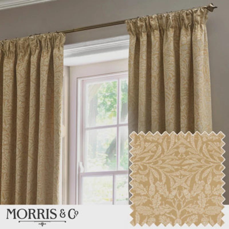Image of Morris & Co Acorn Tonal Matt Jacquard Room Darkening Pencil Pleat Curtain Pair Gold (W)117Cm X (D)137Cm