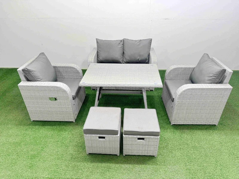Image of Fimous Light Grey PE Wicker Rattan Garden Furniture Set Reclining Chairs Sofa Light Grey Unisex