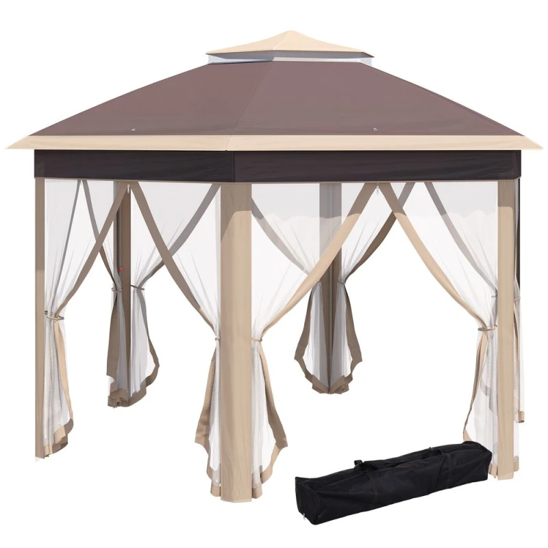Image of Outsunny 3X4M Hexagon Gazebo W/ Mesh Curtains, Khaki, Brown 84C-120MX