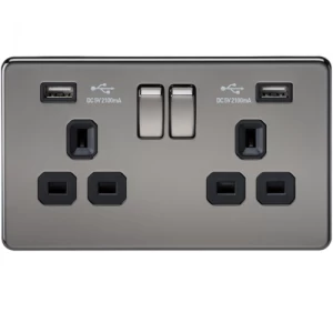 Image of KnightsBridge 2G 13A Screwless Black Nickel 2G Switched Socket with Dual 5V USB Charger Ports - Black Insert