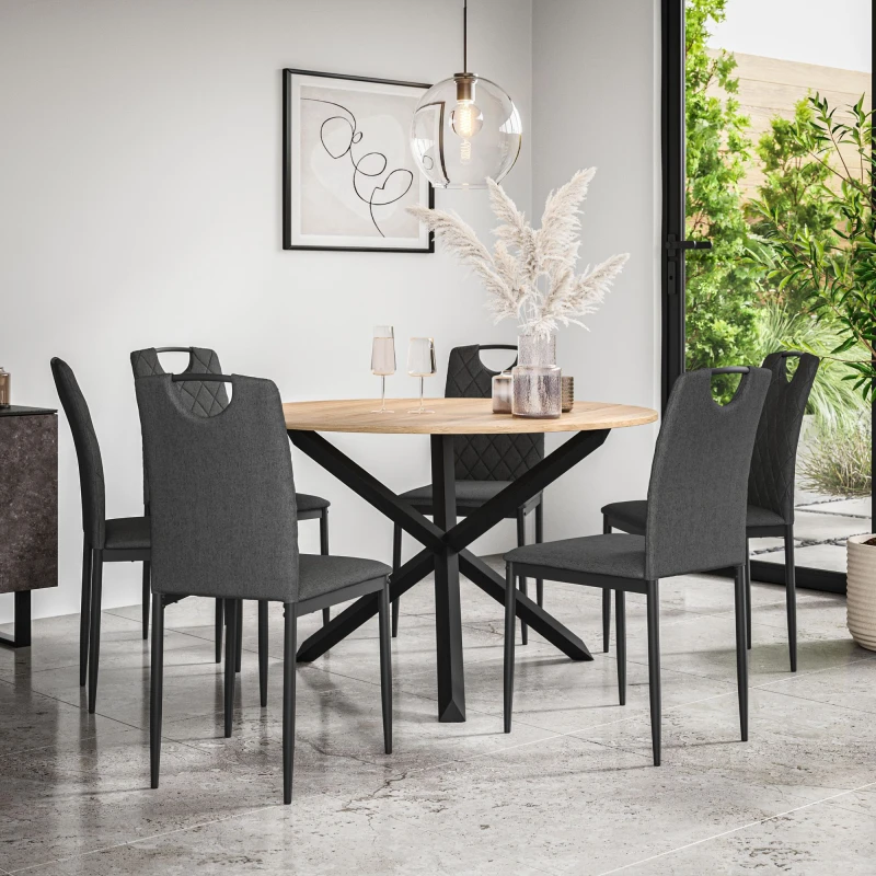 Image of More4Homes Malvern Round Dining Table And Chairs - Oak Table Top W Solid Oak Black Legs + Monza Fabric Dining Chair Set Of 6 (Charcoal)
