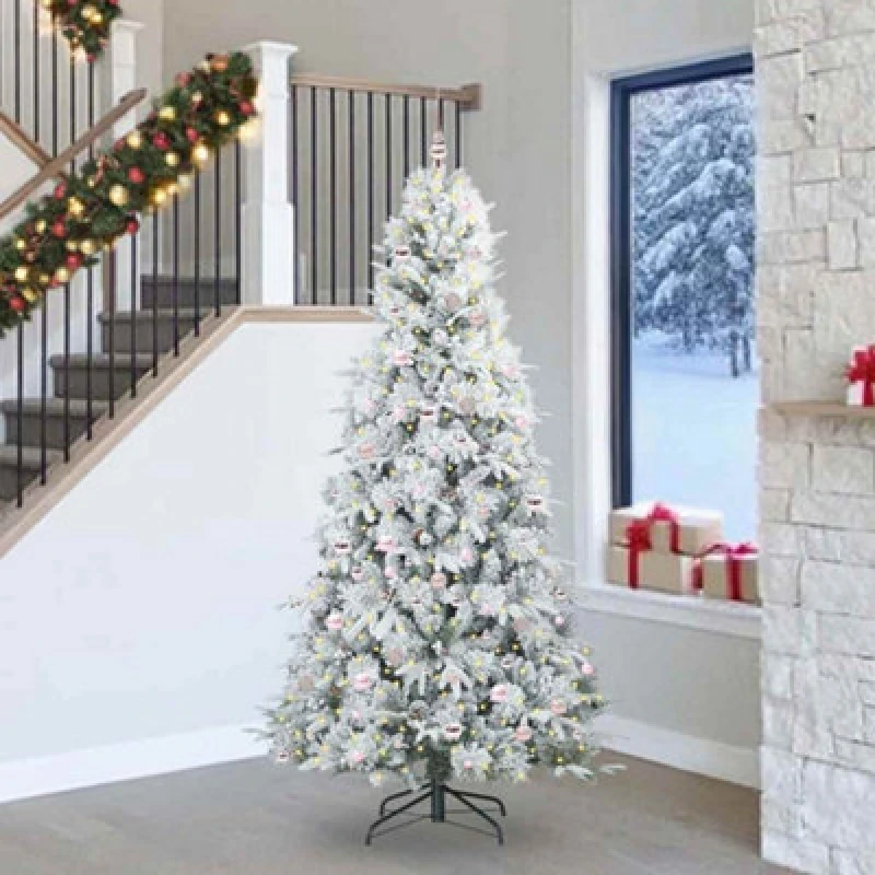 Image of vidaXL Artificial Hinged Christmas Tree with Pink Balls Snow Flocked Green 240cm PE and PVC, Green 3397512