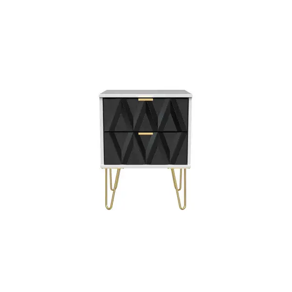 image of Welcome Furniture Ready Assembled Diamond 2 Drawer Bedside Cabinet In Deep Black &#38; White