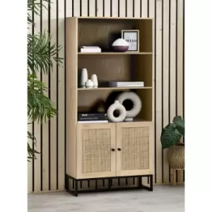Image of Tall Oak Bookcase with Rattan Doors - 3 Shelves -- Padstow